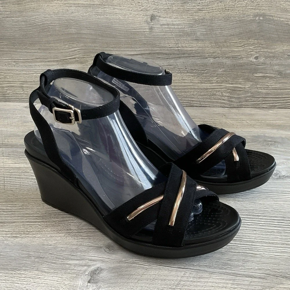 Crocs Leigh II Womens Size 11 CrossStrap Metalblock Ankle Wedge Black Sandals